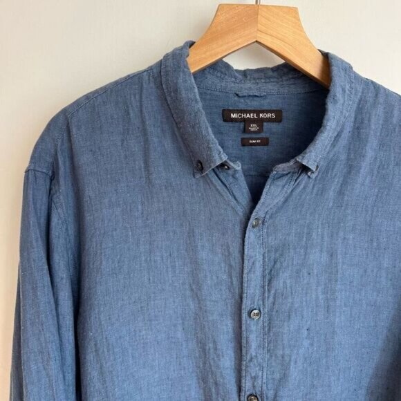 Michael Kors Men’s XXL 2XL Slim Fit Blue Casual Long Sleeve Button Down Shirt - Picture 2 of 9